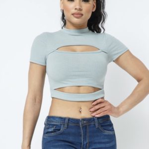 Sage Ribbed Front Cut Out Crop Top