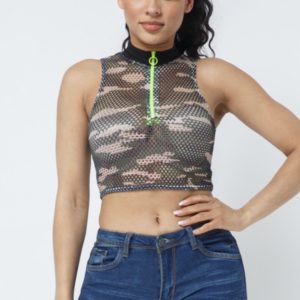 Military Colored Fish Net Crop Top