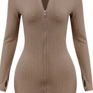 Mocha Waffle Zipper Down Mini Dress