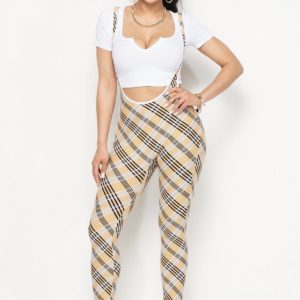 Cute Plaid Suspender With White Crop Top Set