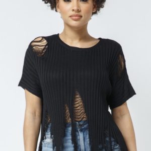Black Wide Scoop Short Sleeve Distressed Sweater