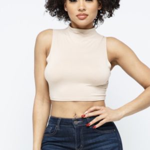 Khaki Mock Neck Sleeveless Crop Top