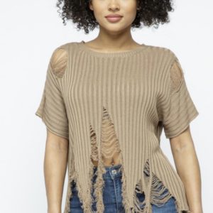 Mocha Wide Scoop Short Sleeve Distressed Sweater