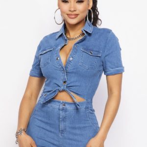 Front Tie Blue Jean Romper Shorts