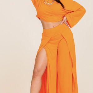 Orange 2 Piece Open Pants Set Plus Size Available