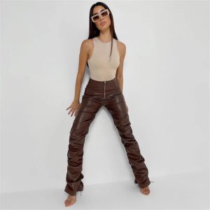Ruched And Scrunched Brown High Waisted Pants