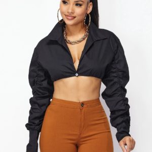 Black Buttoned Long Sleeve Crop Top